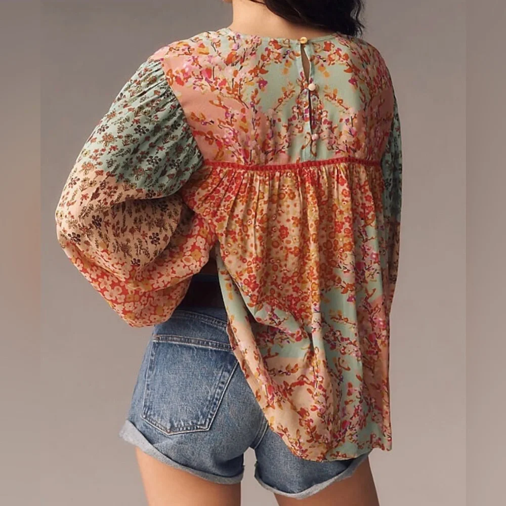 Anthropologie BI-nk Miranda Peasant Blouse Floral Size - Picture 2 of 6